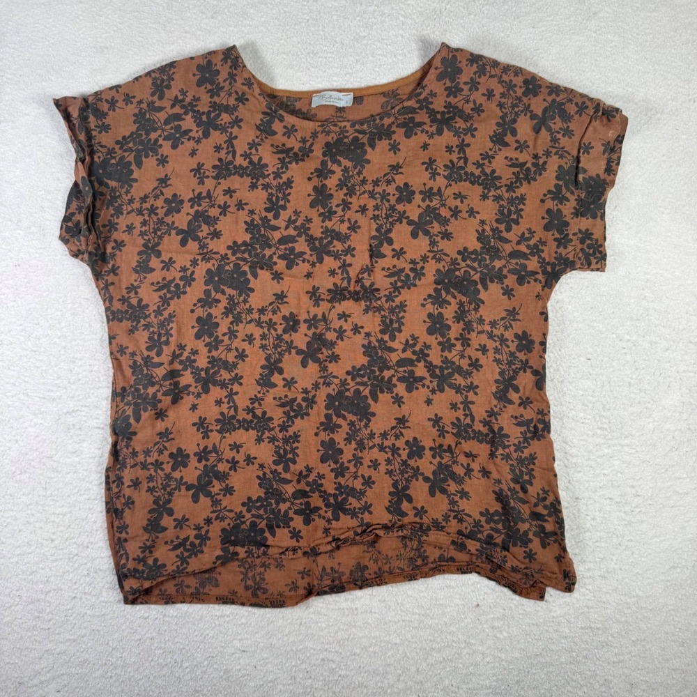 Bellambra Floral Blouse Womens S Brown Good Made In Italy Short Sleeve Linen